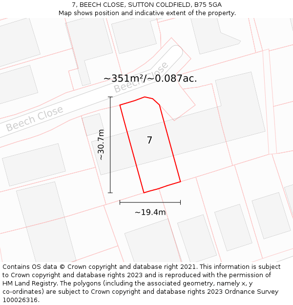 7, BEECH CLOSE, SUTTON COLDFIELD, B75 5GA: Plot and title map