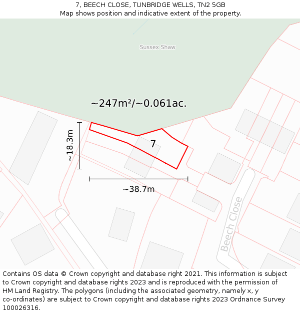 7, BEECH CLOSE, TUNBRIDGE WELLS, TN2 5GB: Plot and title map