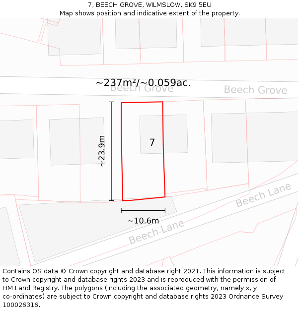 7, BEECH GROVE, WILMSLOW, SK9 5EU: Plot and title map