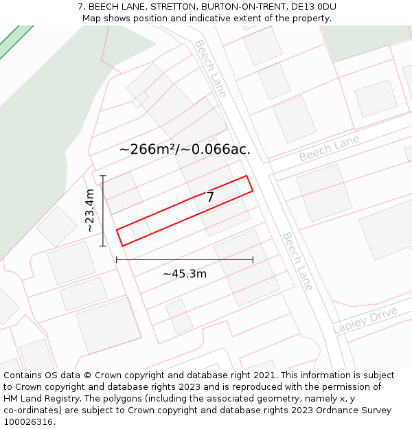 7, BEECH LANE, STRETTON, BURTON-ON-TRENT, DE13 0DU: Plot and title map