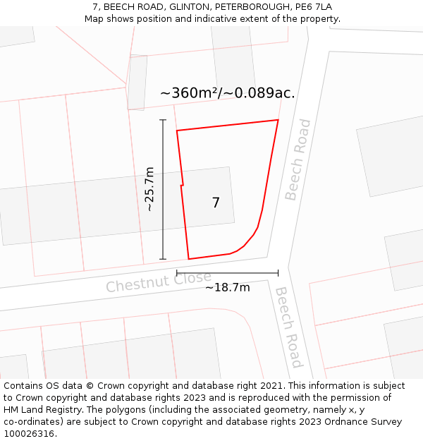 7, BEECH ROAD, GLINTON, PETERBOROUGH, PE6 7LA: Plot and title map