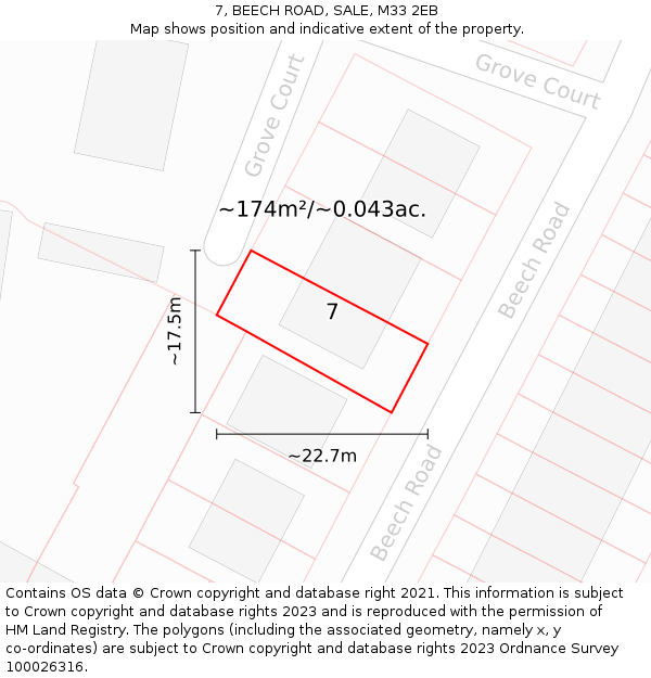 7, BEECH ROAD, SALE, M33 2EB: Plot and title map