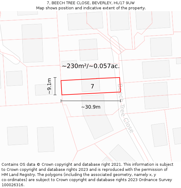 7, BEECH TREE CLOSE, BEVERLEY, HU17 9UW: Plot and title map
