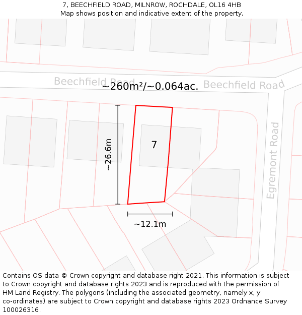 7, BEECHFIELD ROAD, MILNROW, ROCHDALE, OL16 4HB: Plot and title map
