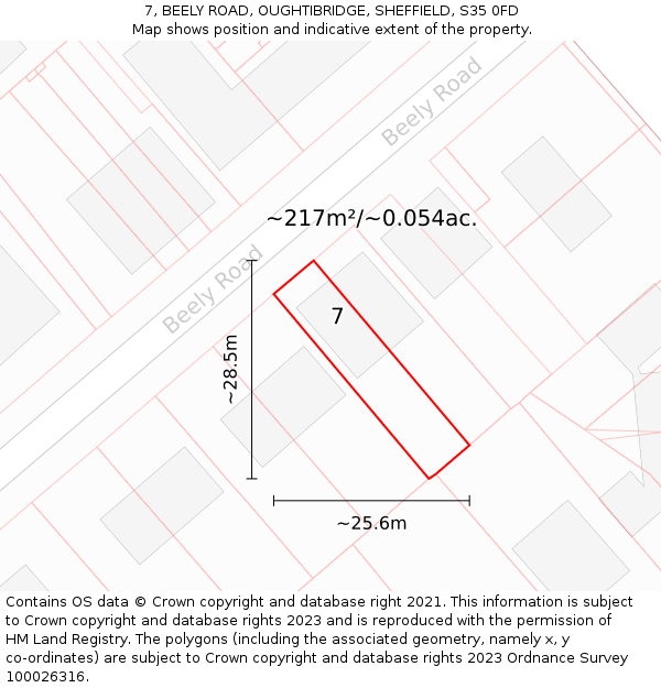 7, BEELY ROAD, OUGHTIBRIDGE, SHEFFIELD, S35 0FD: Plot and title map