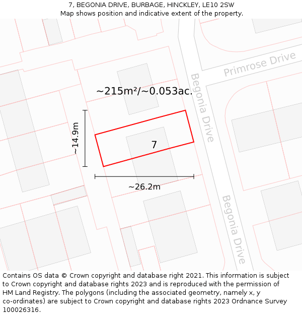 7, BEGONIA DRIVE, BURBAGE, HINCKLEY, LE10 2SW: Plot and title map