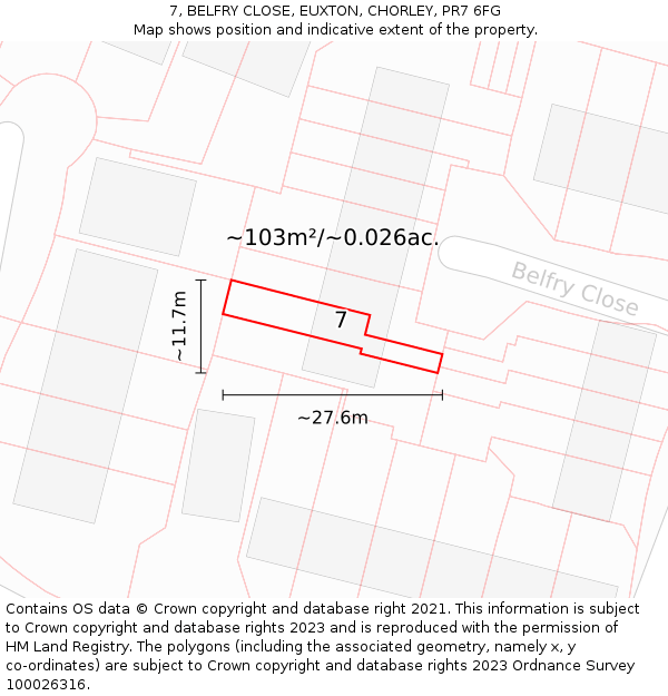 7, BELFRY CLOSE, EUXTON, CHORLEY, PR7 6FG: Plot and title map