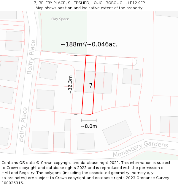 7, BELFRY PLACE, SHEPSHED, LOUGHBOROUGH, LE12 9FP: Plot and title map