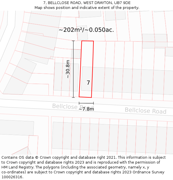 7, BELLCLOSE ROAD, WEST DRAYTON, UB7 9DE: Plot and title map