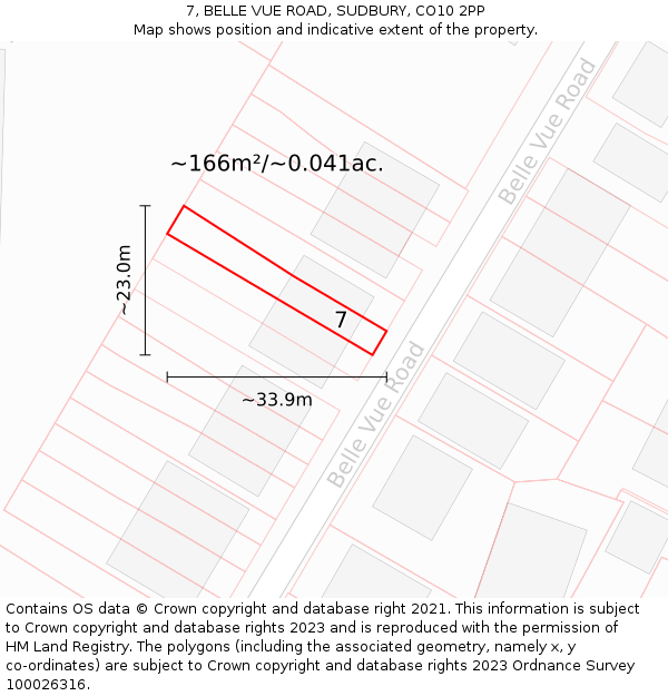 7, BELLE VUE ROAD, SUDBURY, CO10 2PP: Plot and title map