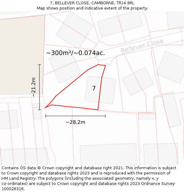 7, BELLEVER CLOSE, CAMBORNE, TR14 8RL: Plot and title map