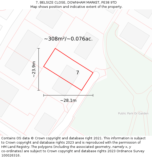 7, BELSIZE CLOSE, DOWNHAM MARKET, PE38 9TD: Plot and title map
