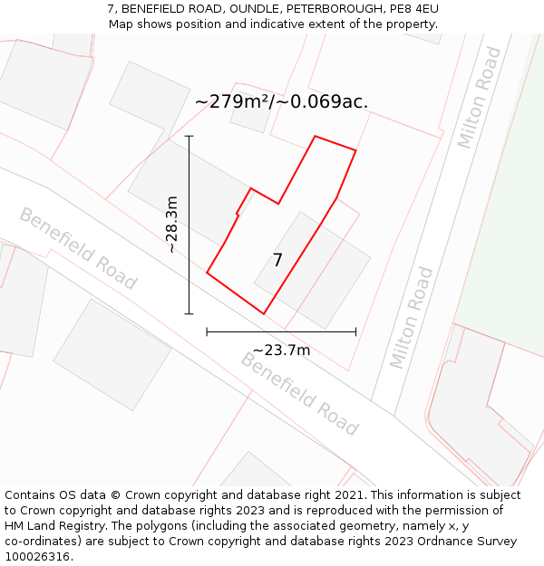 7, BENEFIELD ROAD, OUNDLE, PETERBOROUGH, PE8 4EU: Plot and title map
