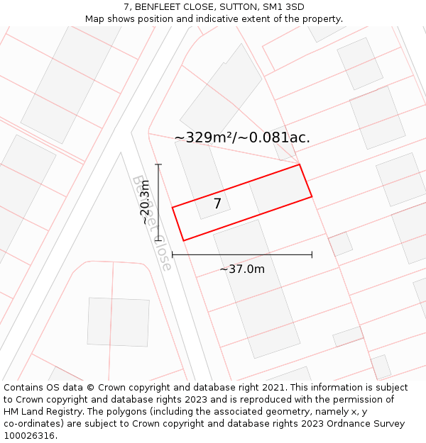 7, BENFLEET CLOSE, SUTTON, SM1 3SD: Plot and title map