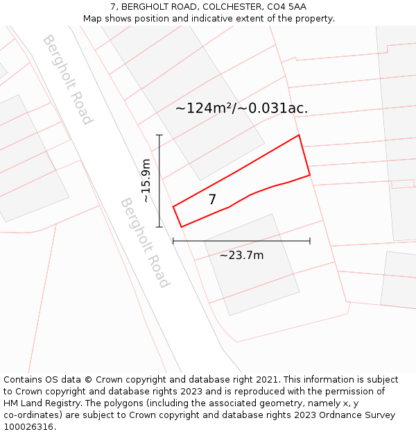7, BERGHOLT ROAD, COLCHESTER, CO4 5AA: Plot and title map