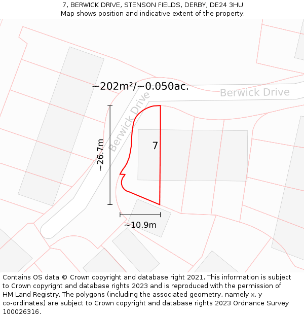 7, BERWICK DRIVE, STENSON FIELDS, DERBY, DE24 3HU: Plot and title map