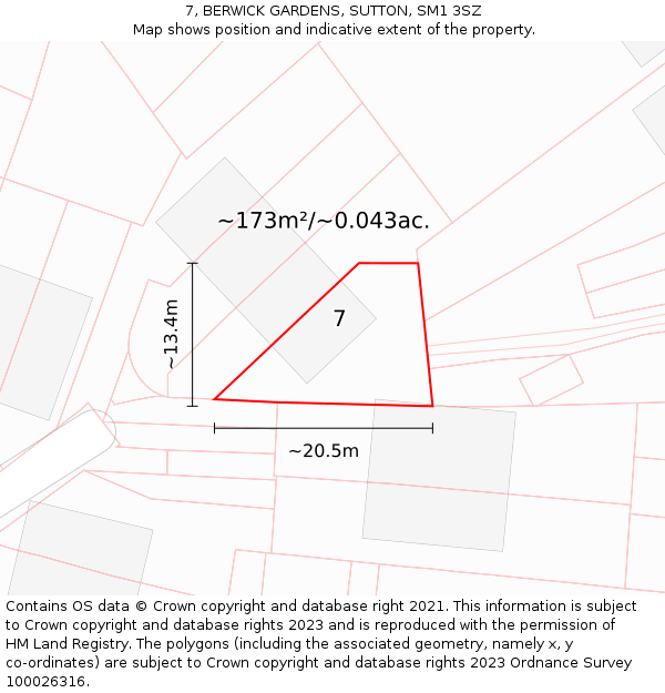 7, BERWICK GARDENS, SUTTON, SM1 3SZ: Plot and title map