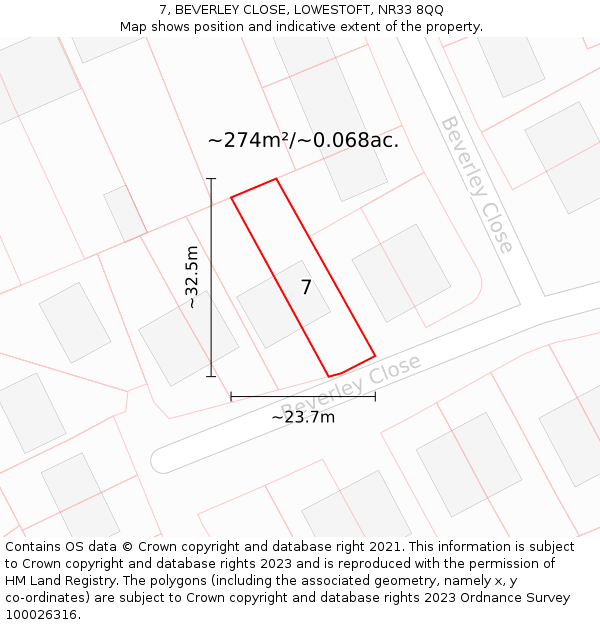 7, BEVERLEY CLOSE, LOWESTOFT, NR33 8QQ: Plot and title map