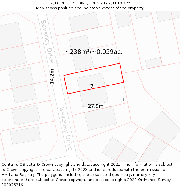 7, BEVERLEY DRIVE, PRESTATYN, LL19 7PY: Plot and title map