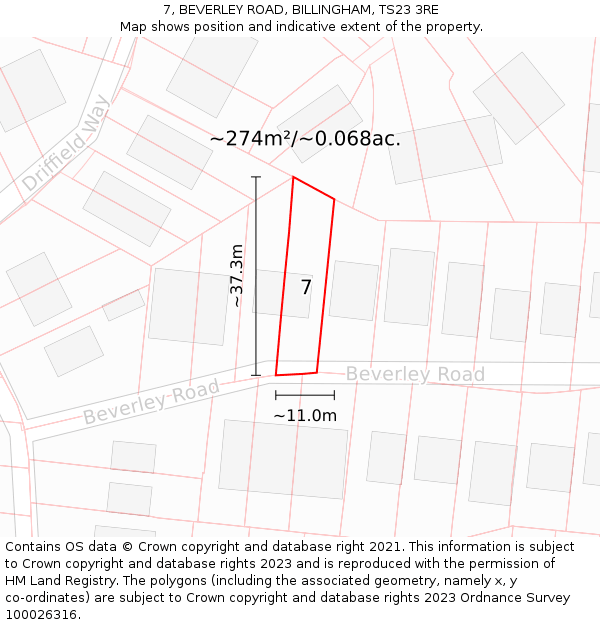 7, BEVERLEY ROAD, BILLINGHAM, TS23 3RE: Plot and title map