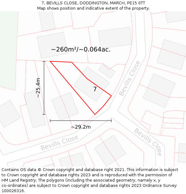 7, BEVILLS CLOSE, DODDINGTON, MARCH, PE15 0TT: Plot and title map