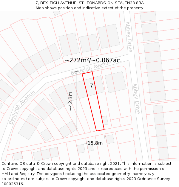 7, BEXLEIGH AVENUE, ST LEONARDS-ON-SEA, TN38 8BA: Plot and title map