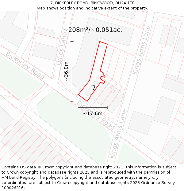 7, BICKERLEY ROAD, RINGWOOD, BH24 1EF: Plot and title map