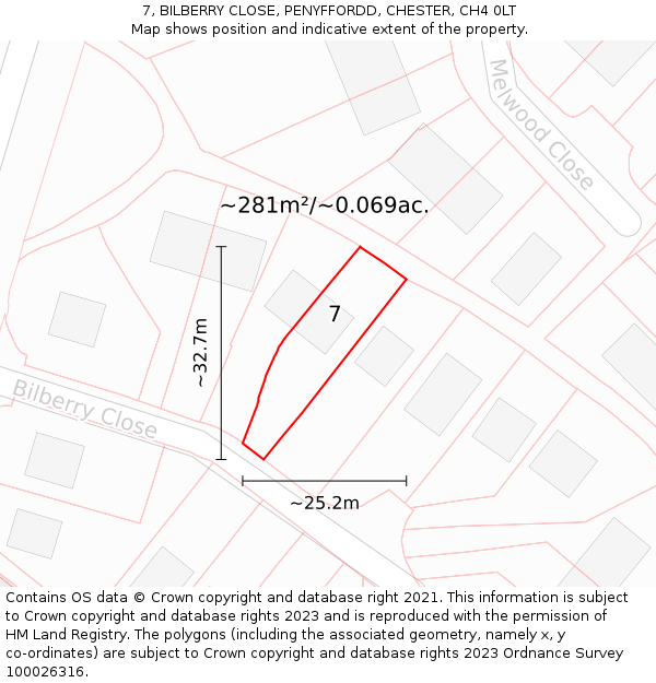 7, BILBERRY CLOSE, PENYFFORDD, CHESTER, CH4 0LT: Plot and title map