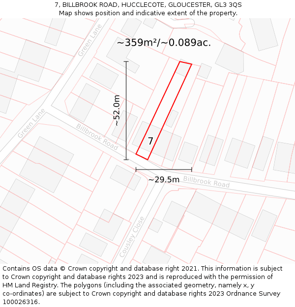 7, BILLBROOK ROAD, HUCCLECOTE, GLOUCESTER, GL3 3QS: Plot and title map