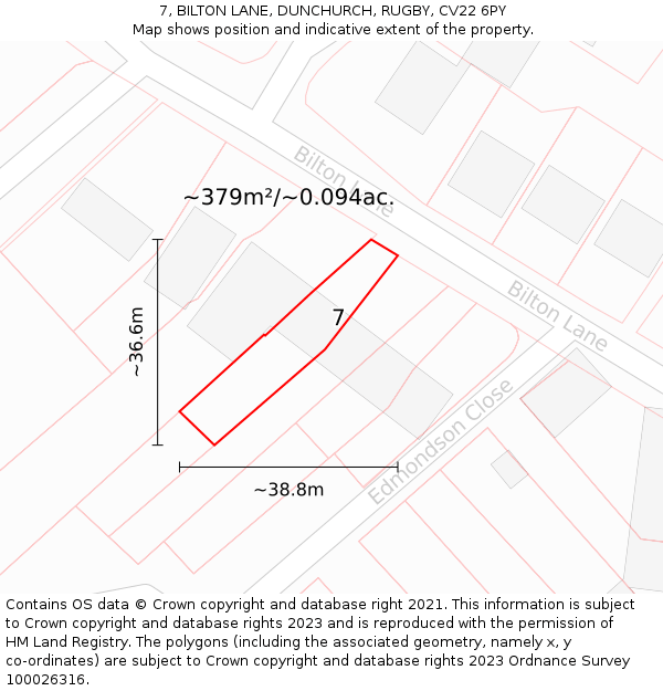 7, BILTON LANE, DUNCHURCH, RUGBY, CV22 6PY: Plot and title map