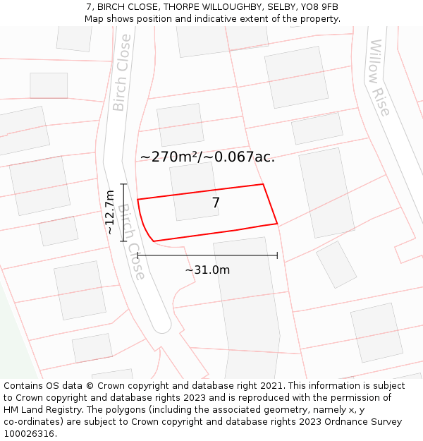7, BIRCH CLOSE, THORPE WILLOUGHBY, SELBY, YO8 9FB: Plot and title map