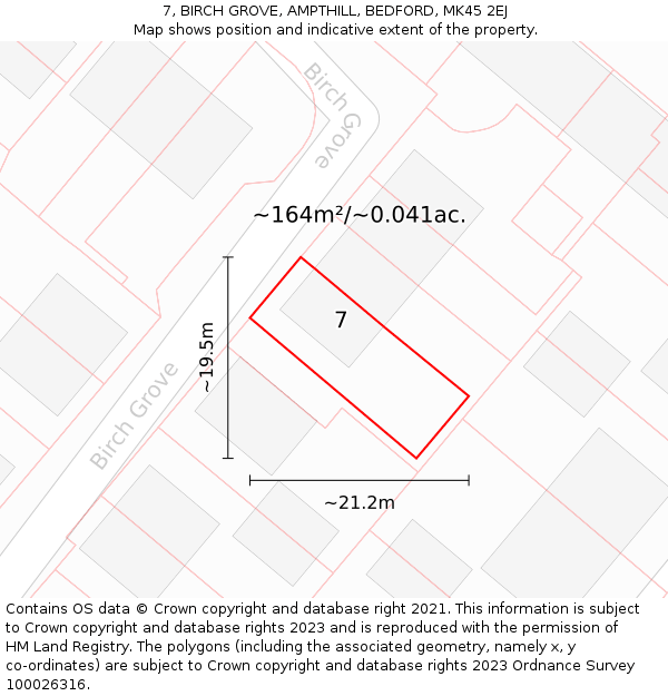 7, BIRCH GROVE, AMPTHILL, BEDFORD, MK45 2EJ: Plot and title map