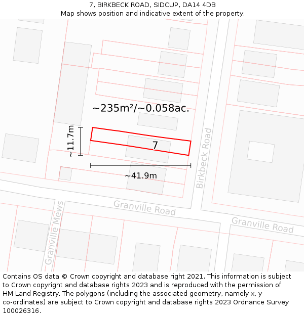 7, BIRKBECK ROAD, SIDCUP, DA14 4DB: Plot and title map