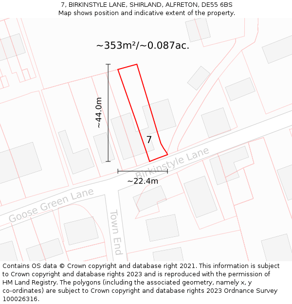7, BIRKINSTYLE LANE, SHIRLAND, ALFRETON, DE55 6BS: Plot and title map