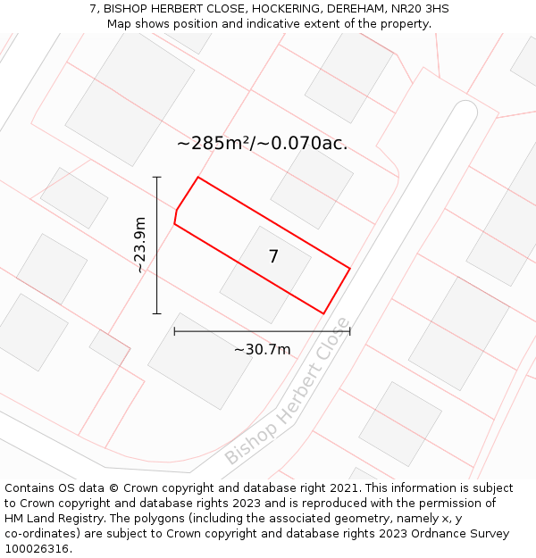 7, BISHOP HERBERT CLOSE, HOCKERING, DEREHAM, NR20 3HS: Plot and title map