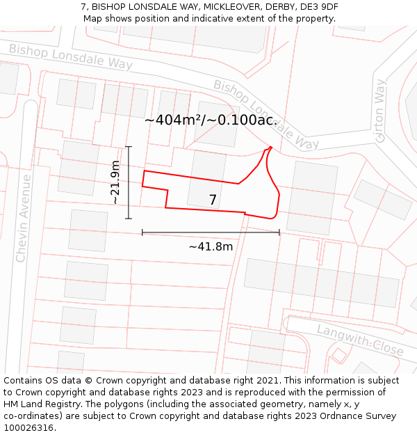 7, BISHOP LONSDALE WAY, MICKLEOVER, DERBY, DE3 9DF: Plot and title map