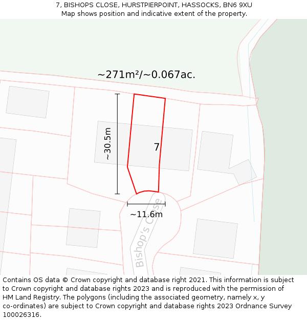 7, BISHOPS CLOSE, HURSTPIERPOINT, HASSOCKS, BN6 9XU: Plot and title map