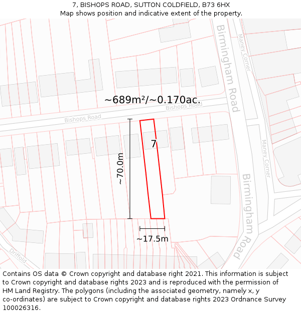 7, BISHOPS ROAD, SUTTON COLDFIELD, B73 6HX: Plot and title map