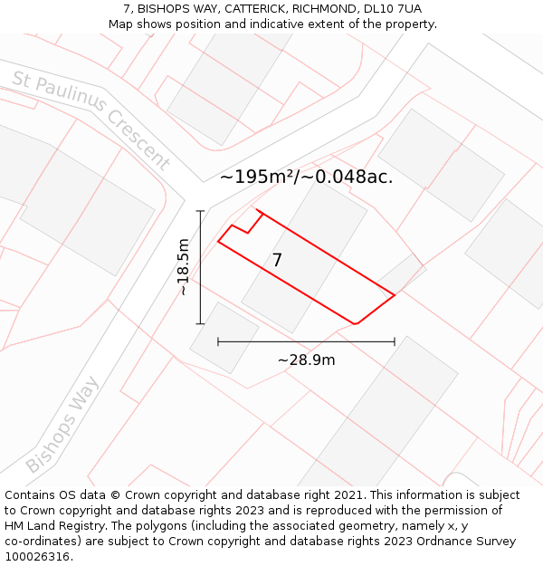 7, BISHOPS WAY, CATTERICK, RICHMOND, DL10 7UA: Plot and title map
