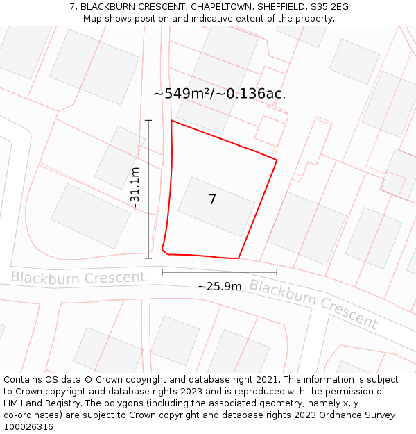 7, BLACKBURN CRESCENT, CHAPELTOWN, SHEFFIELD, S35 2EG: Plot and title map