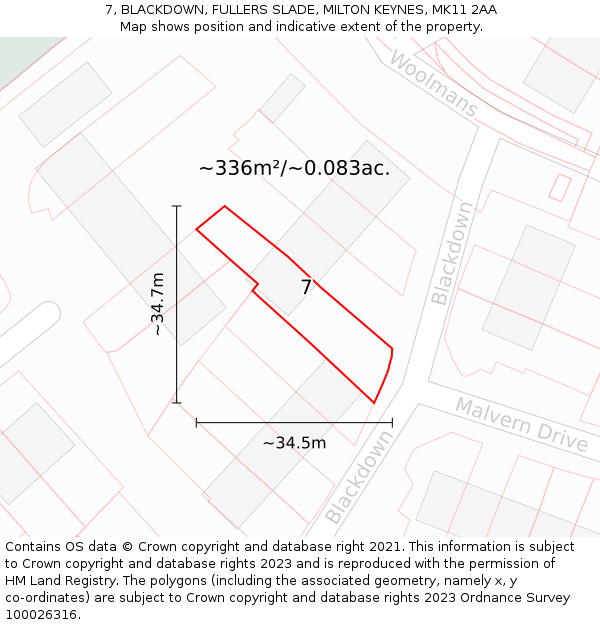 7, BLACKDOWN, FULLERS SLADE, MILTON KEYNES, MK11 2AA: Plot and title map