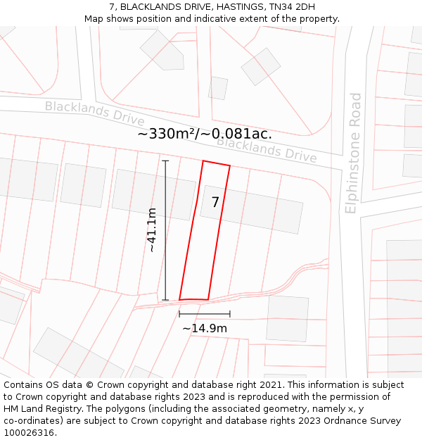 7, BLACKLANDS DRIVE, HASTINGS, TN34 2DH: Plot and title map