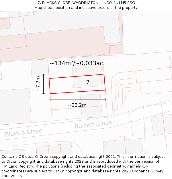 7, BLACKS CLOSE, WADDINGTON, LINCOLN, LN5 9SG: Plot and title map