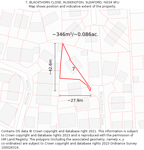 7, BLACKTHORN CLOSE, RUSKINGTON, SLEAFORD, NG34 9FU: Plot and title map