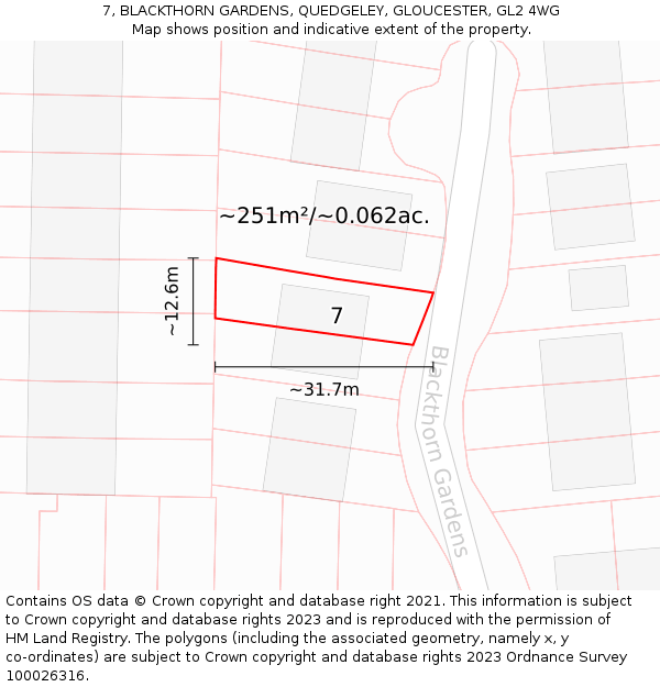7, BLACKTHORN GARDENS, QUEDGELEY, GLOUCESTER, GL2 4WG: Plot and title map