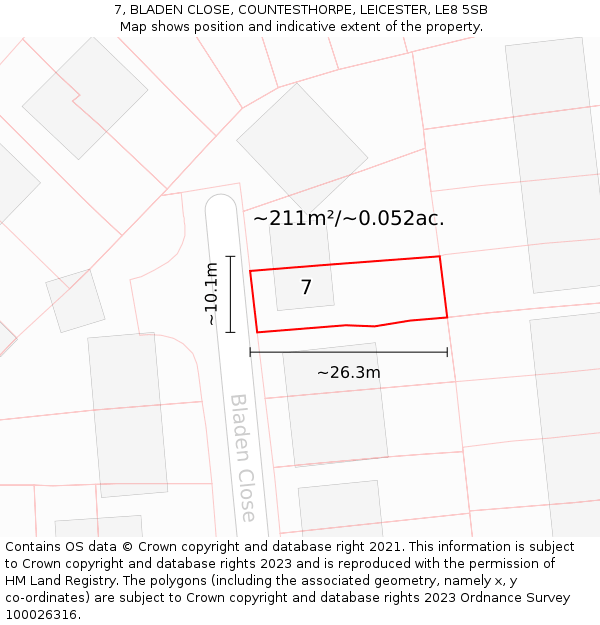 7, BLADEN CLOSE, COUNTESTHORPE, LEICESTER, LE8 5SB: Plot and title map