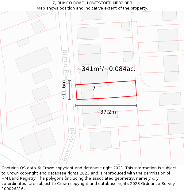 7, BLINCO ROAD, LOWESTOFT, NR32 3PB: Plot and title map