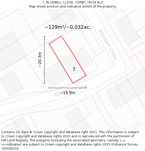 7, BLUEBELL CLOSE, CORBY, NN18 8LZ: Plot and title map