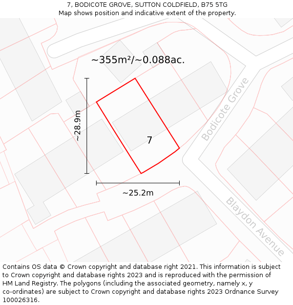 7, BODICOTE GROVE, SUTTON COLDFIELD, B75 5TG: Plot and title map