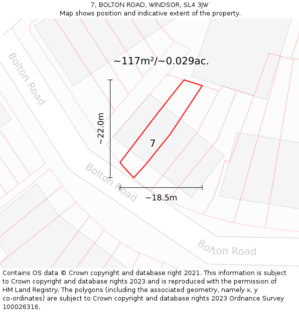 7, BOLTON ROAD, WINDSOR, SL4 3JW: Plot and title map